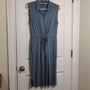Eileen Fisher Sleeveless Drawstring Waist Button Front Dress Slate Blue Size S